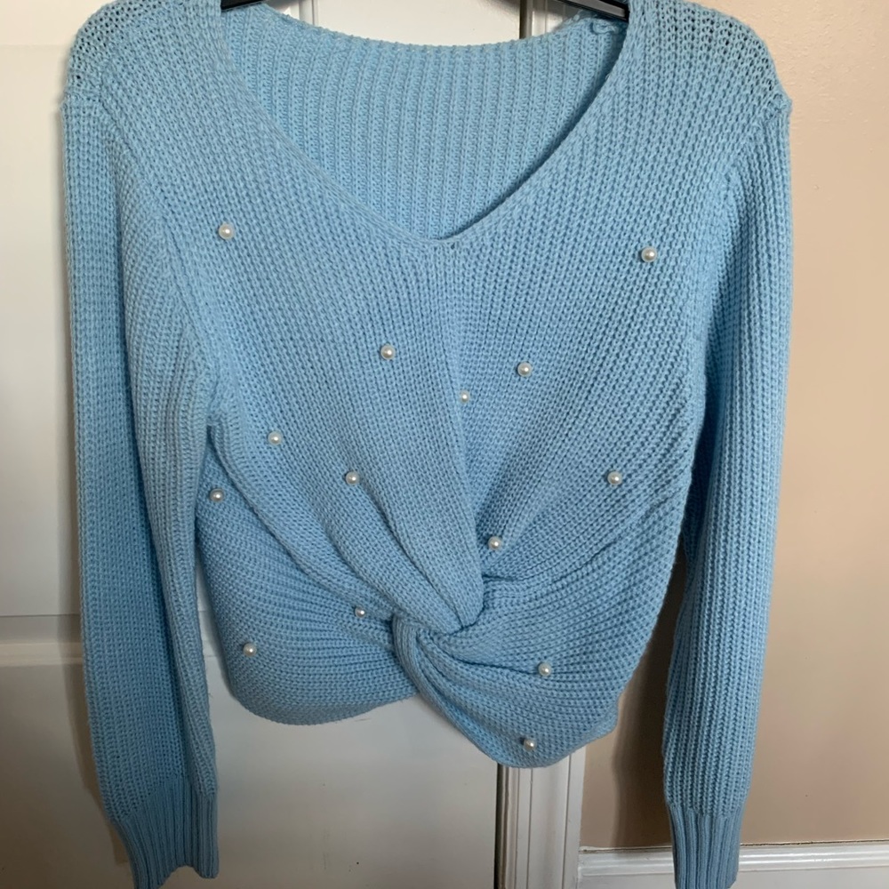 Beautiful baby blue sweater with pearls